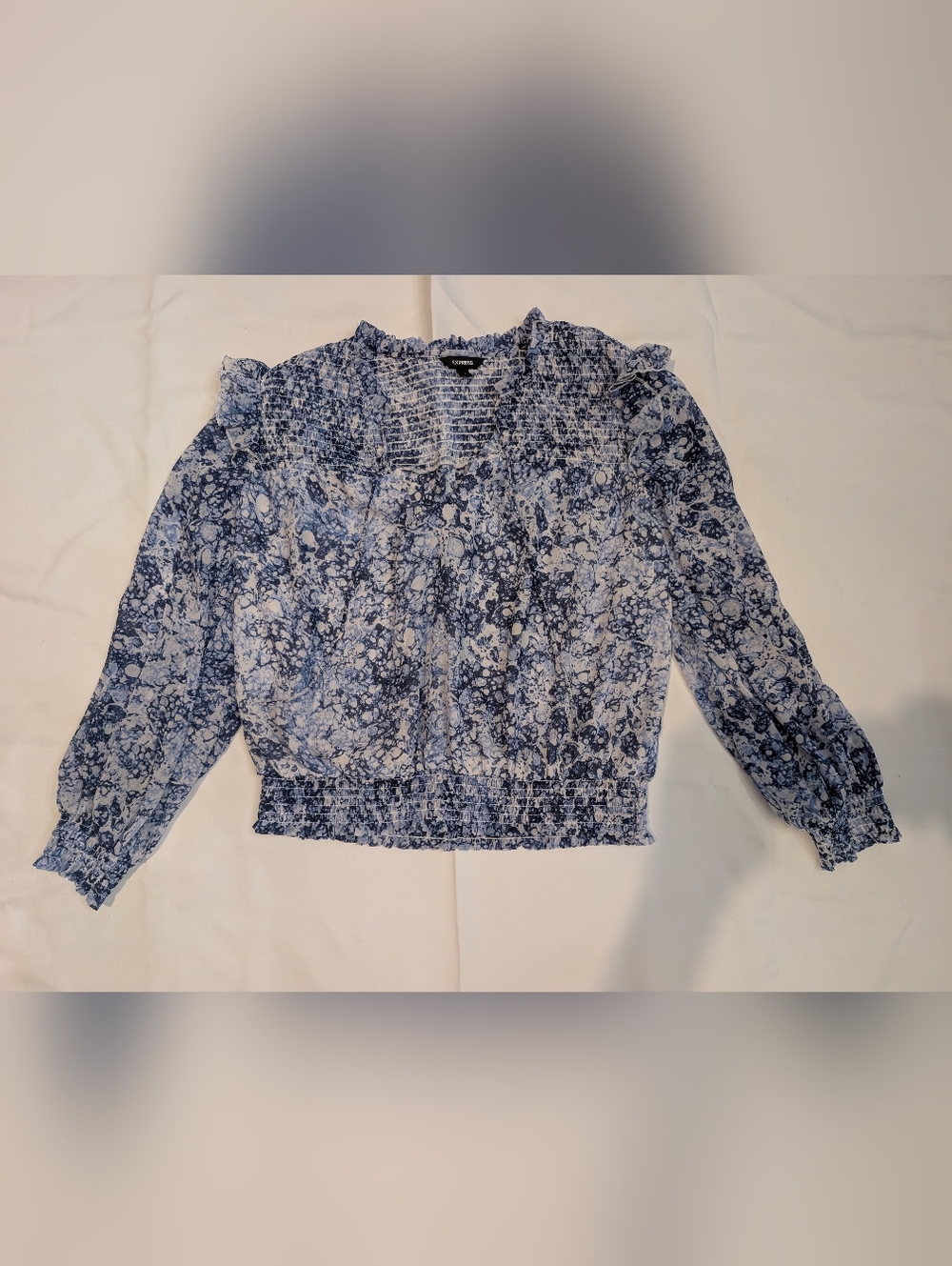 Express Blue and White Floral Smocked Blouse, Office, Ruffle Sleeves, L